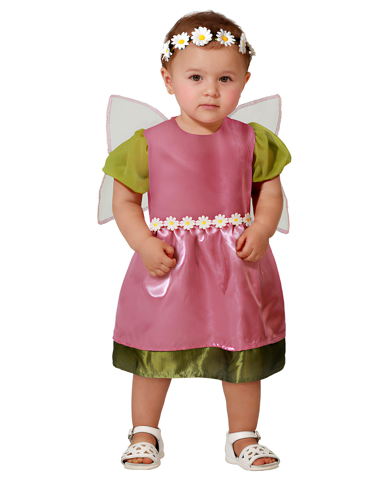 Déguisement de fée pour bébé rose et vert avec ailes et couronne de fleurs