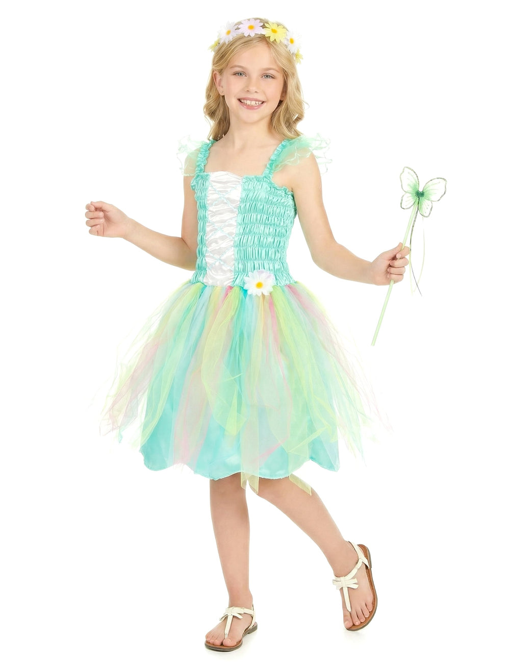 Déguisement de fée pour fille vert d'eau avec baguette et couronne de fleurs