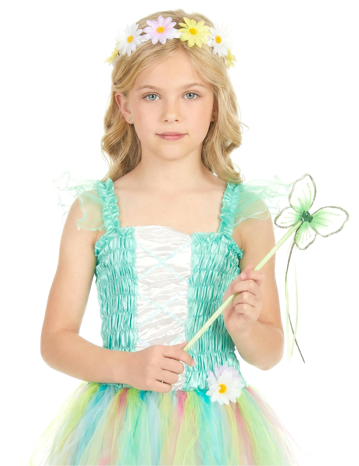 Déguisement de fée pour fille vert d'eau avec jupon en tulle multicolore