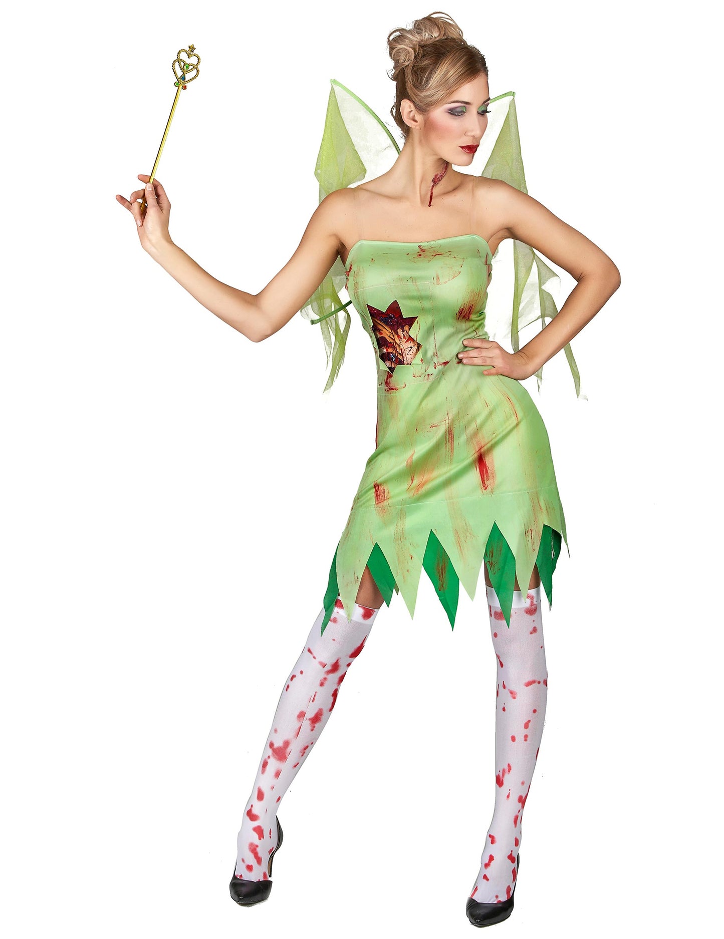 Déguisement fée verte ensanglantée pour femme vert et rouge avec ailes et baguette