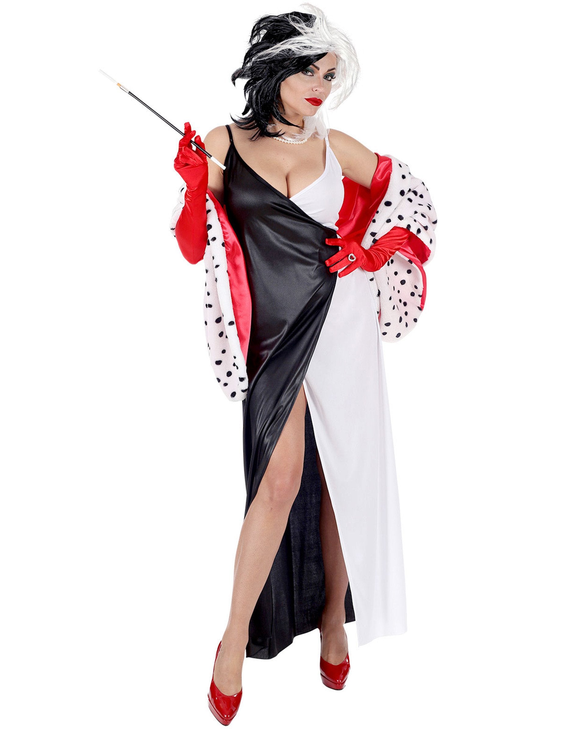 Déguisement de femme démoniaque pour femme noir et blanc avec étole dalmatien et gants rouges