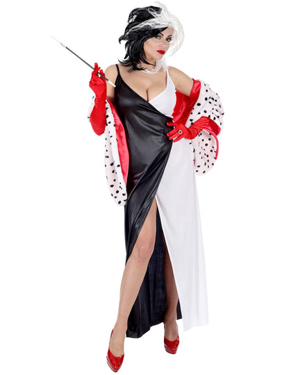 Déguisement de femme démoniaque pour femme noir et blanc avec étole dalmatien et gants rouges
