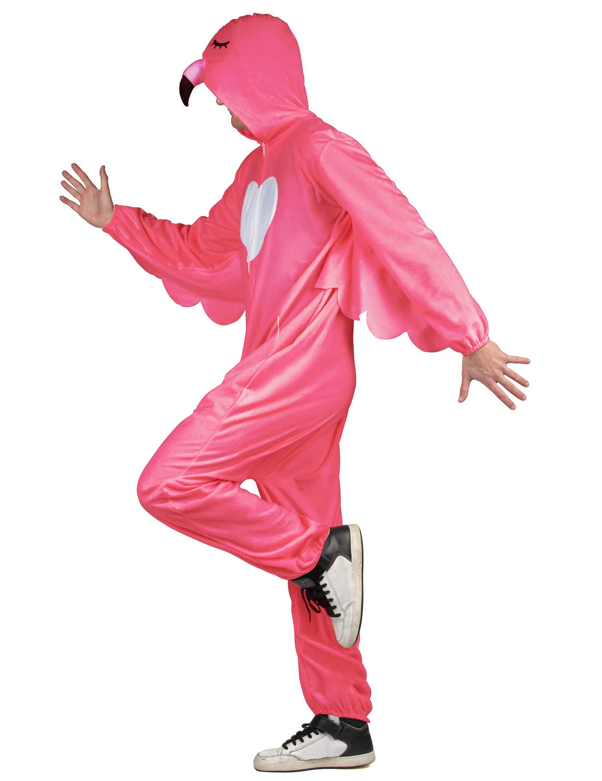 Oldalnézetből a flamingó jelmezről