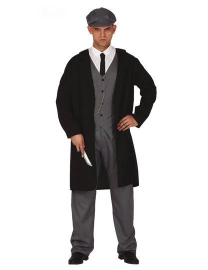 Déguisement de gangster anglais pour homme noir et gris avec casquette