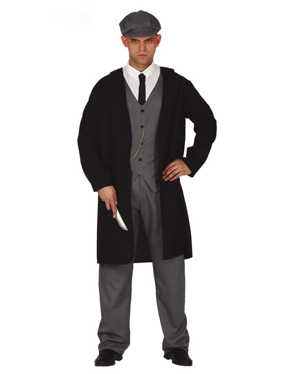 Déguisement de gangster anglais pour homme noir et gris avec casquette