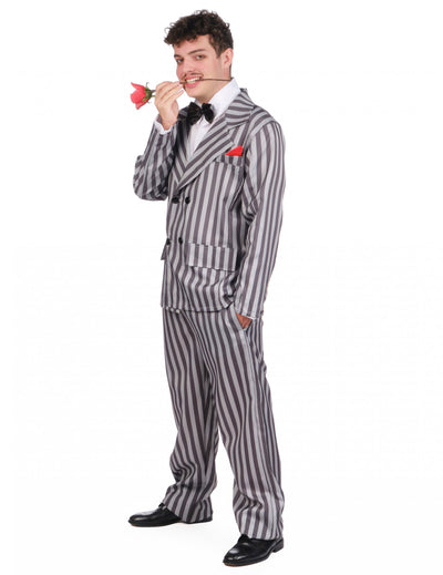 Déguisement de gangster New-Yorkais pour homme gris et noir à rayures avec rose