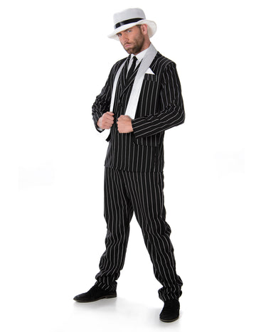 Déguisement de gangster pour homme noir à rayures blanches avec chapeau et écharpe