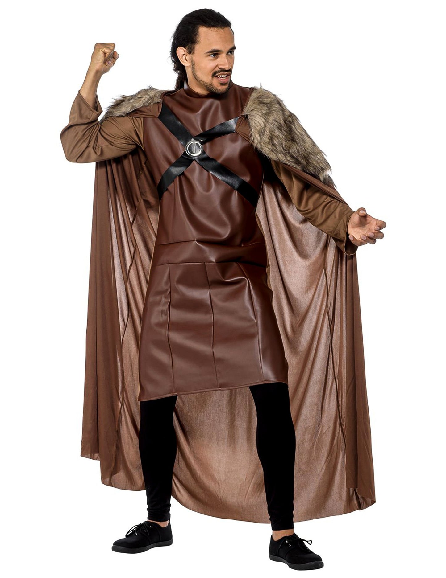 Vue d'ensemble avec cape déployée du déguisement de gardien médiéval pour homme