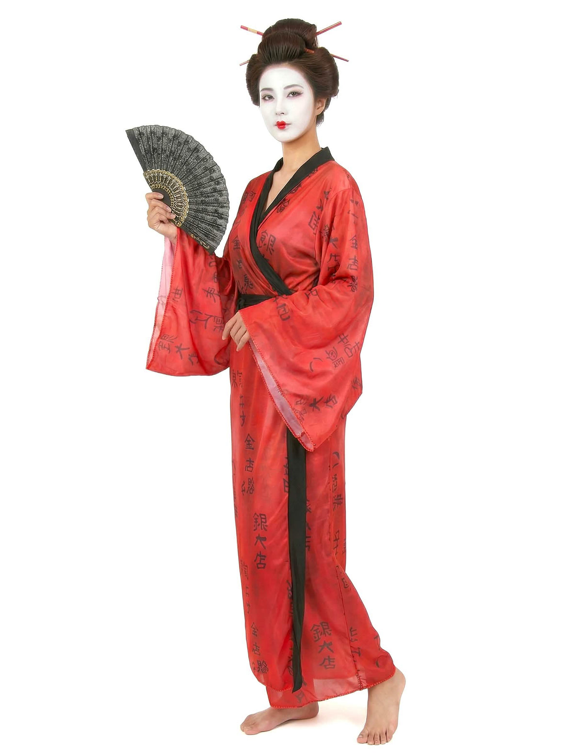 Gejsa jelmez nőnek, piros kimono fekete kalligrafikus mintákkal