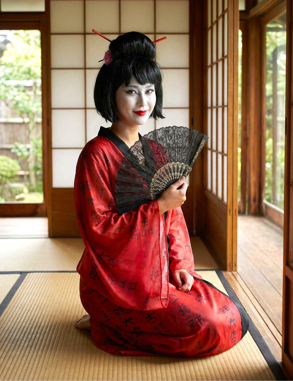 Térdelő elölnézetű geisha kimono jelmez