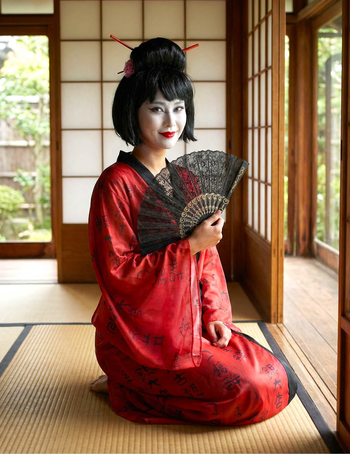 Térdelő elölnézetű geisha kimono jelmez