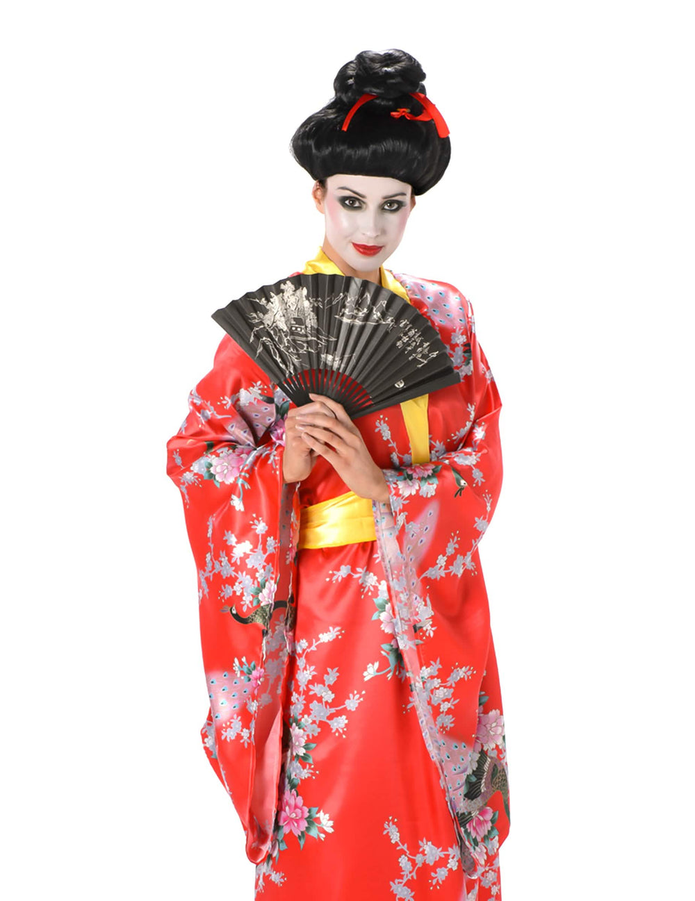 Fekete illusztrált legyező, amelyet a női Geisha jelmez előtt tartanak