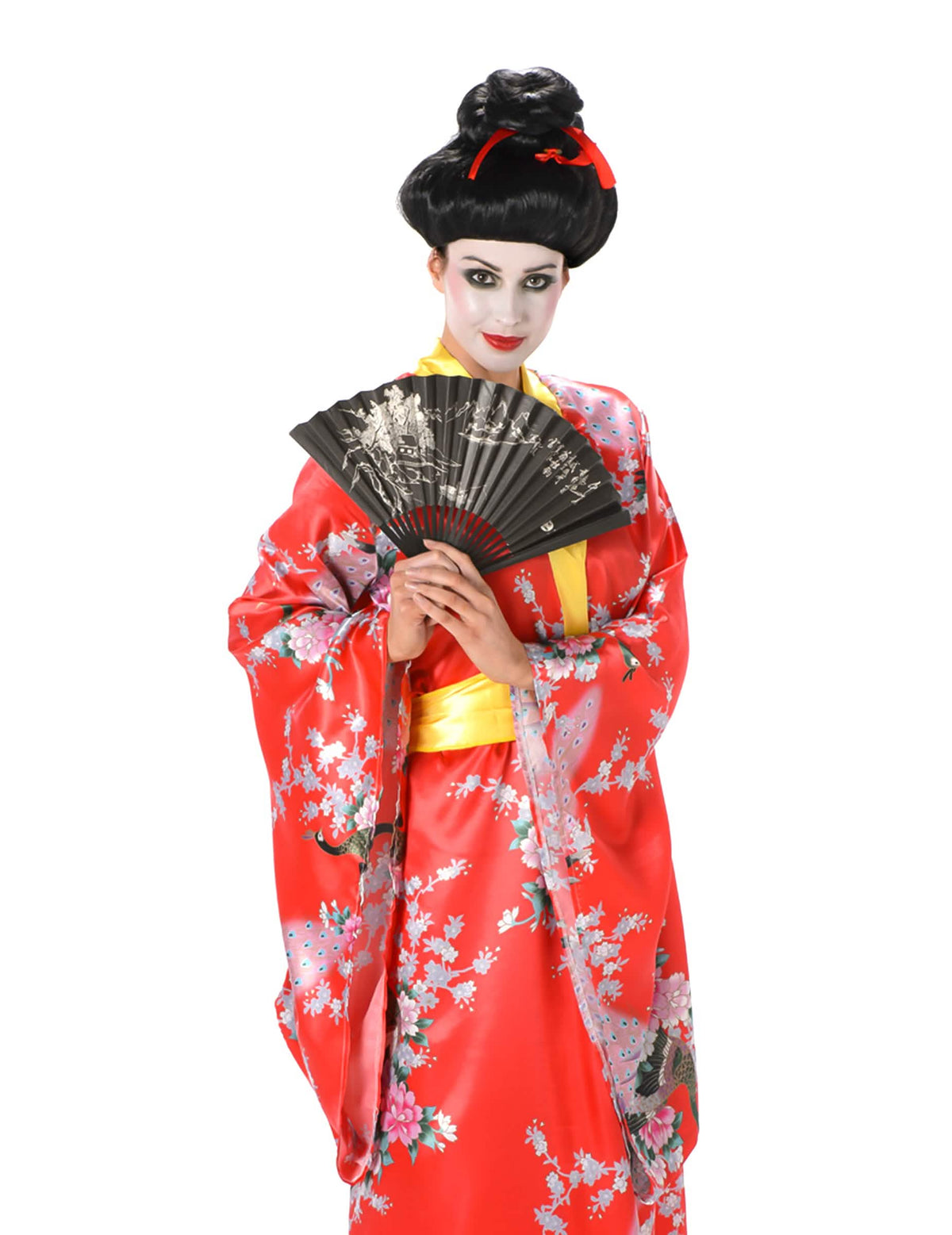 Fekete illusztrált legyező, amelyet a női Geisha jelmez előtt tartanak
