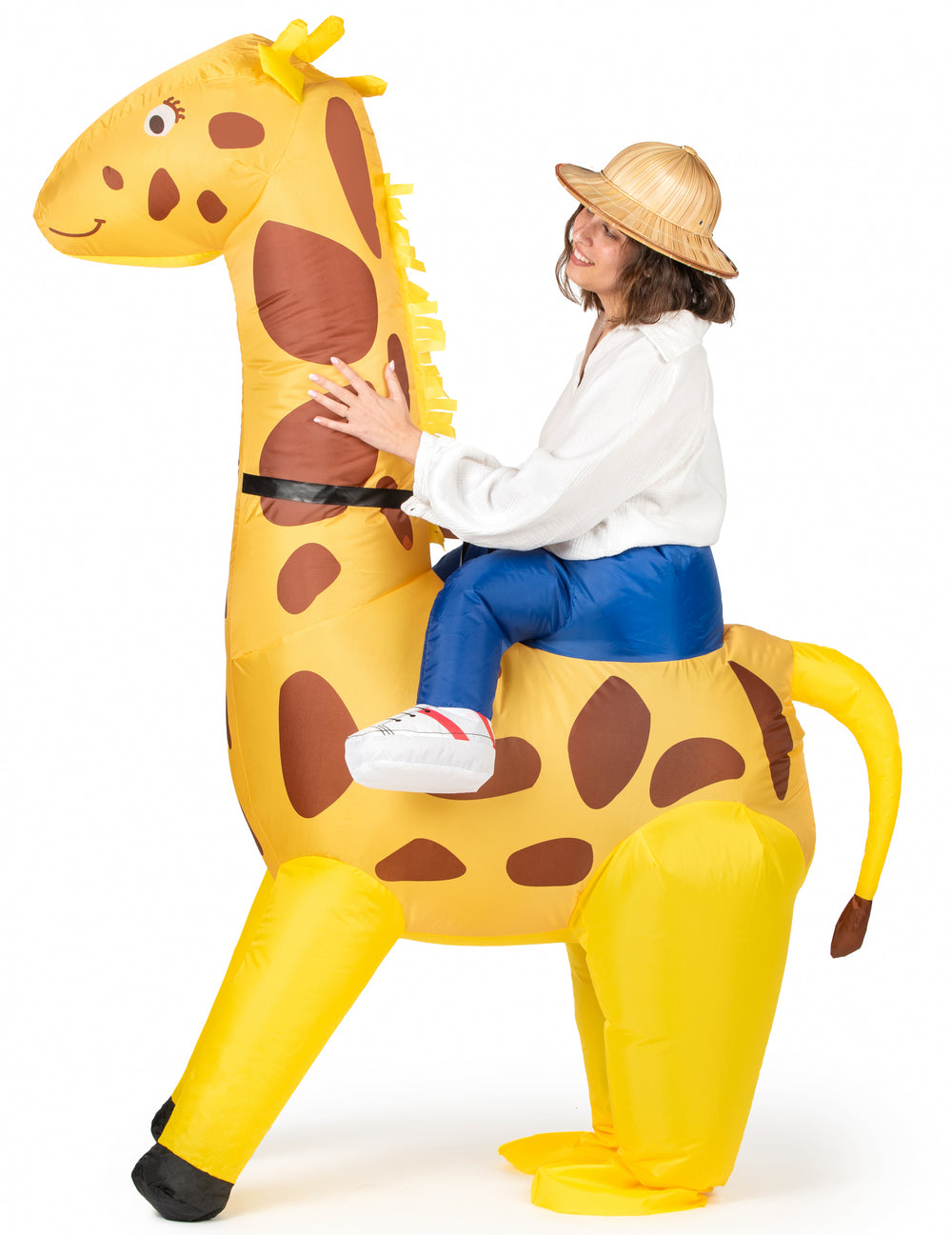 Vue de trois-quarts du déguisement girafe gonflable pour adulte