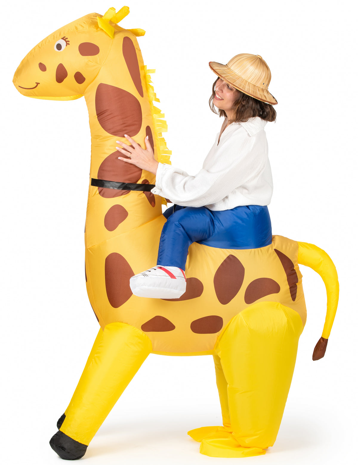 Vue de trois-quarts du déguisement girafe gonflable pour adulte