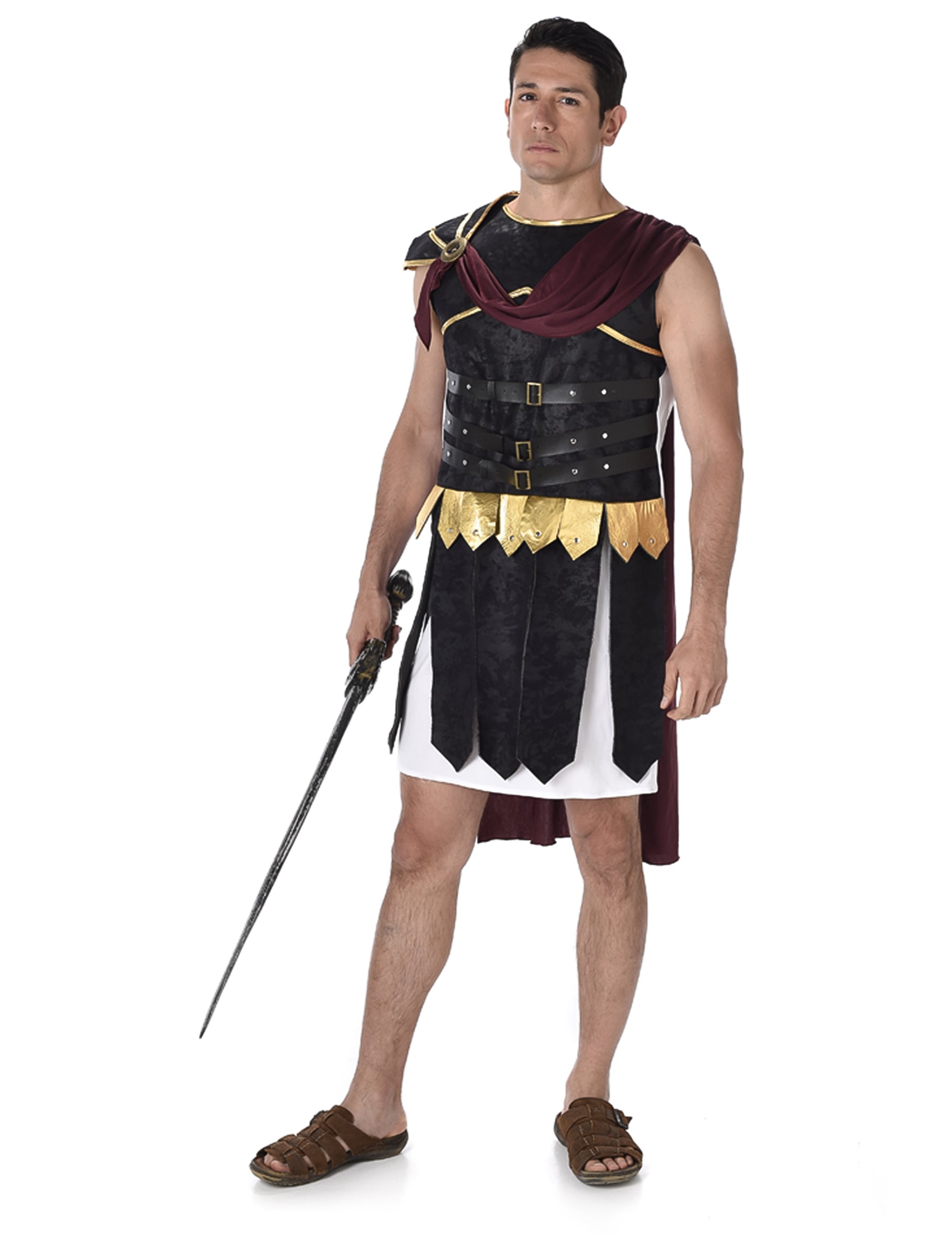 Déguisement de gladiateur Romain pour homme noir et doré avec cape bordeaux