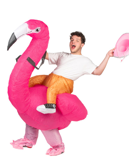 Vue de face avec chapeau du déguisement gonflable flamingo