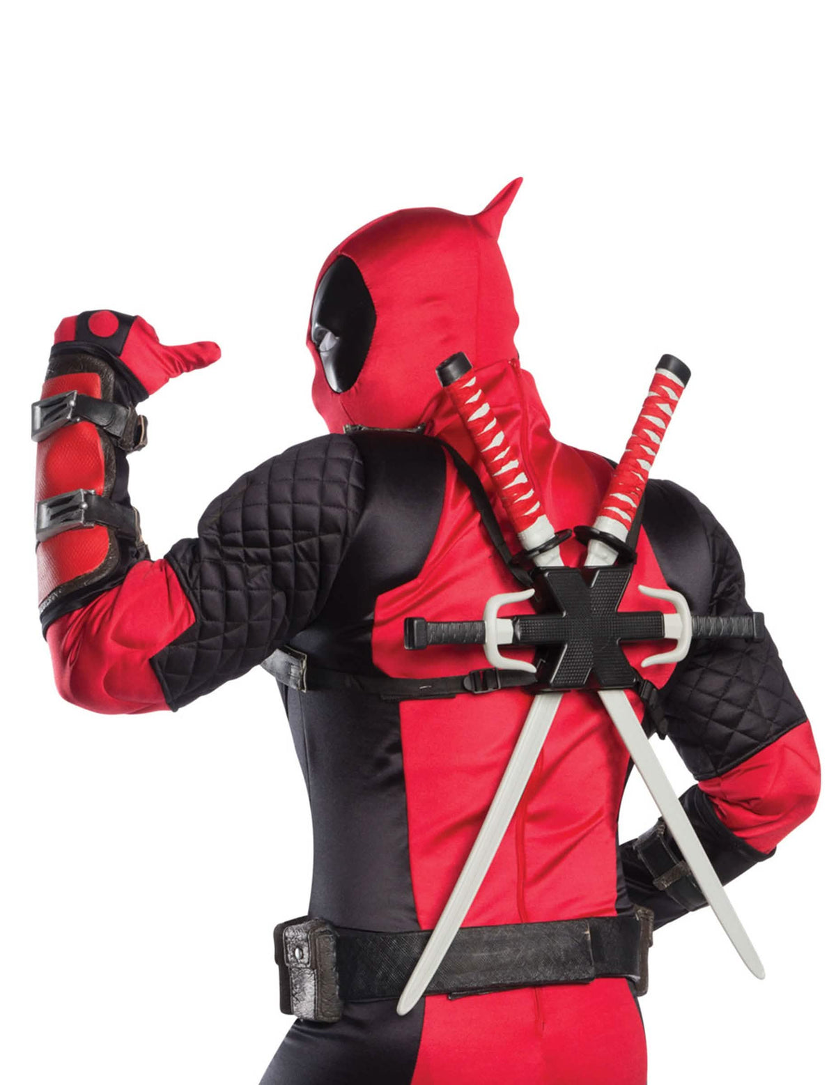 Hátulnézet a Deadpool felnőtt nagyméretű örökség jelmez katanáival