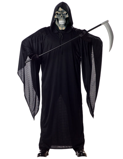 Déguisement de faucheuse pour homme noir avec masque de squelette et faux