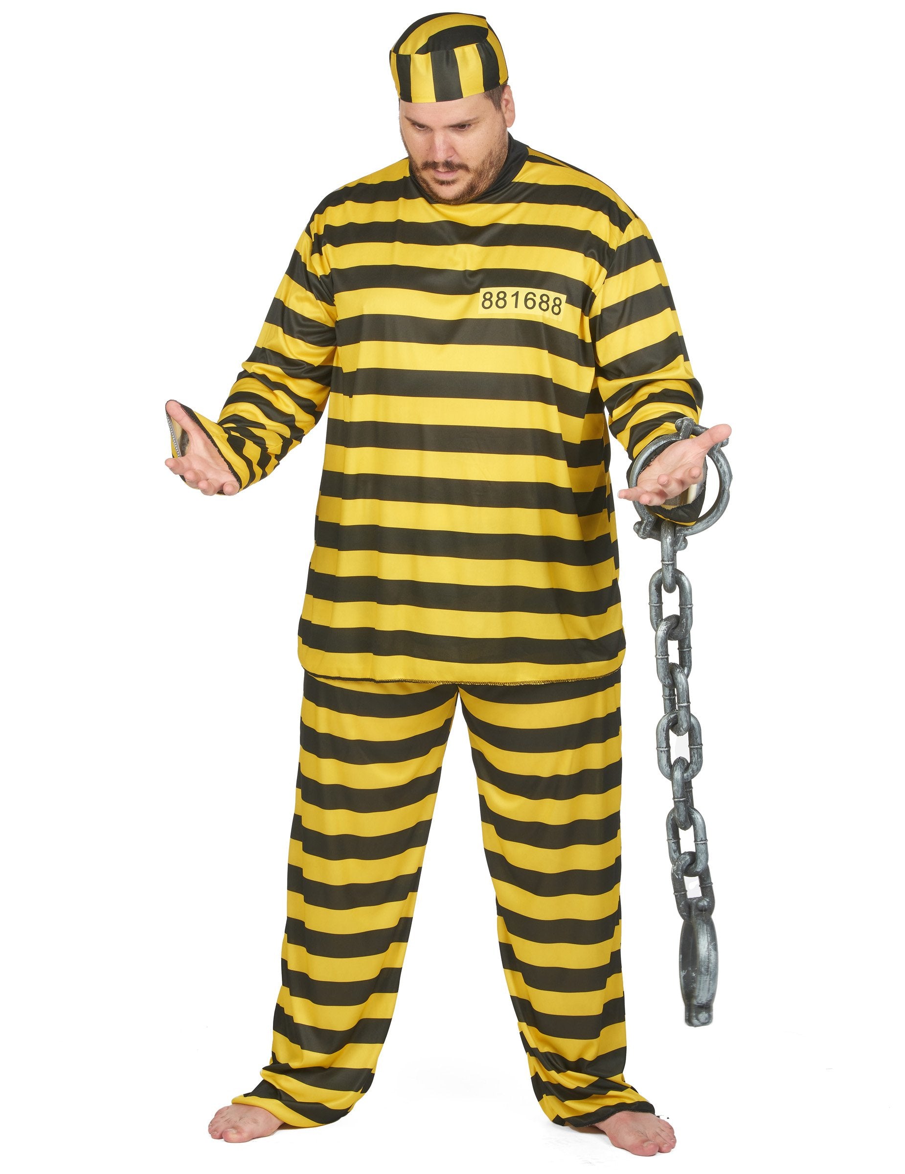 Vue d'ensemble avec accessoire de chaîne du déguisement de prisonnier pour adulte