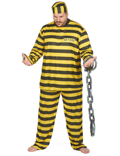 Vue d'ensemble avec accessoire de chaîne du déguisement de prisonnier pour adulte