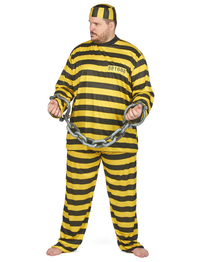 Vue de face avec chaînes du déguisement de prisonnier pour adulte