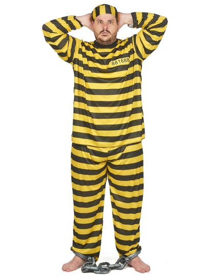 Vue de face avec les mains derrière la tête du déguisement de prisonnier pour adulte