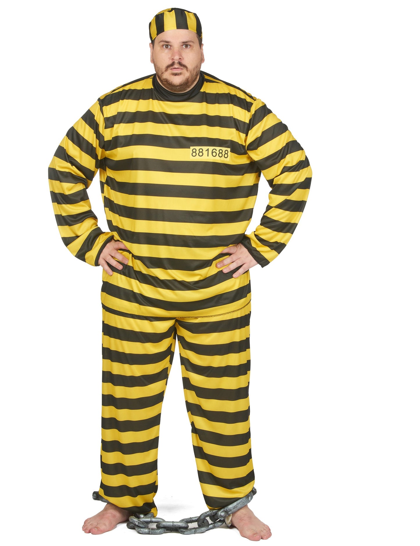 Vue de face avec les mains sur les hanches du déguisement de prisonnier pour adulte