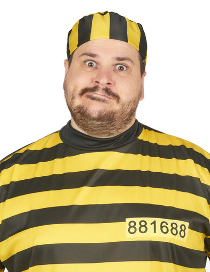 Gros plan sur le haut et le chapeau du déguisement de prisonnier pour adulte