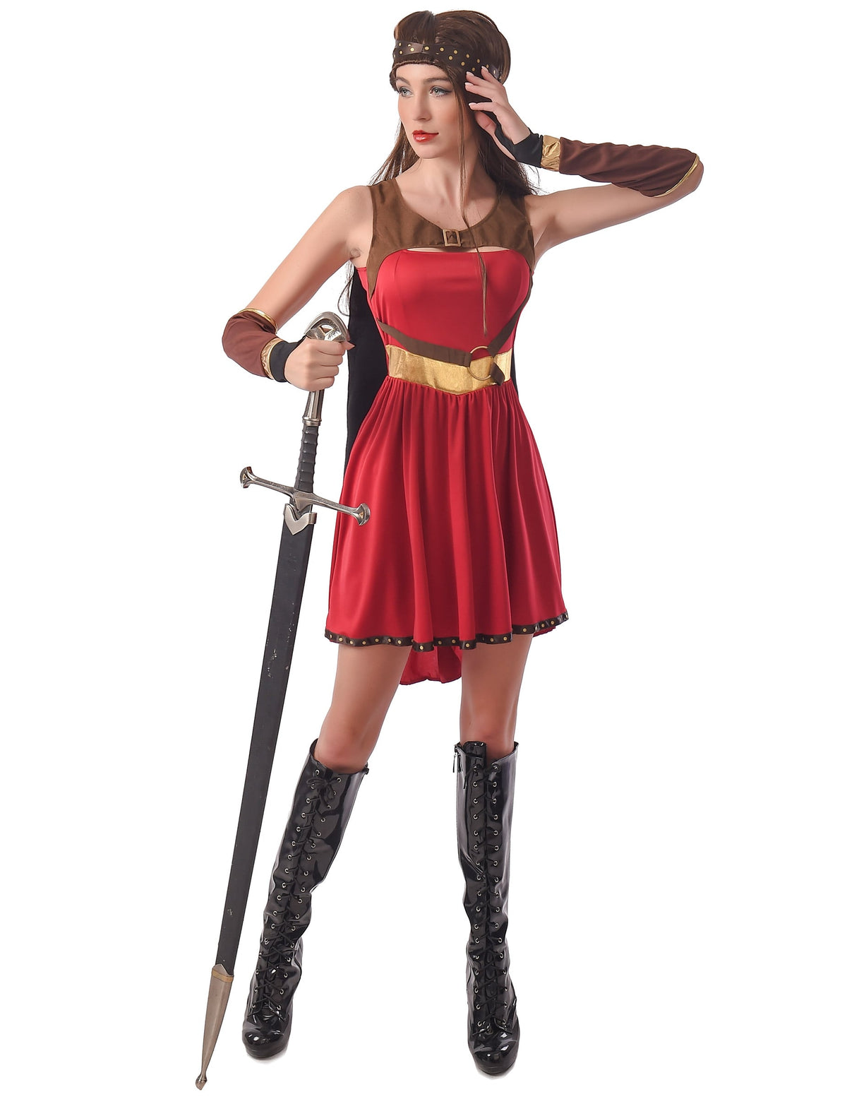 Déguisement guerrière médiévale pour femme rouge et marron avec bandeau