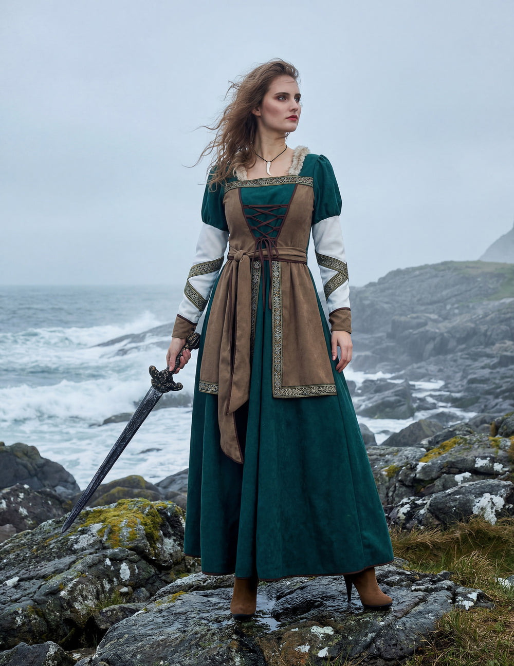 Déguisement guerrière viking luxe pour femme vert et marron