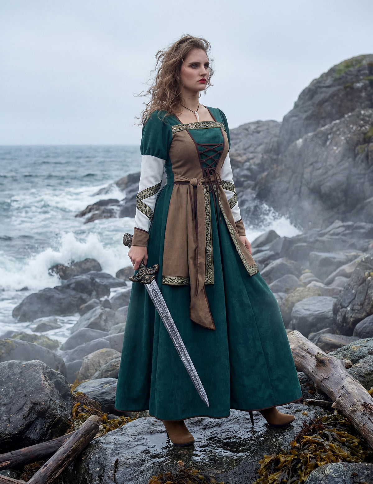 Vue d'ensemble avec épée du déguisement guerrière viking luxe