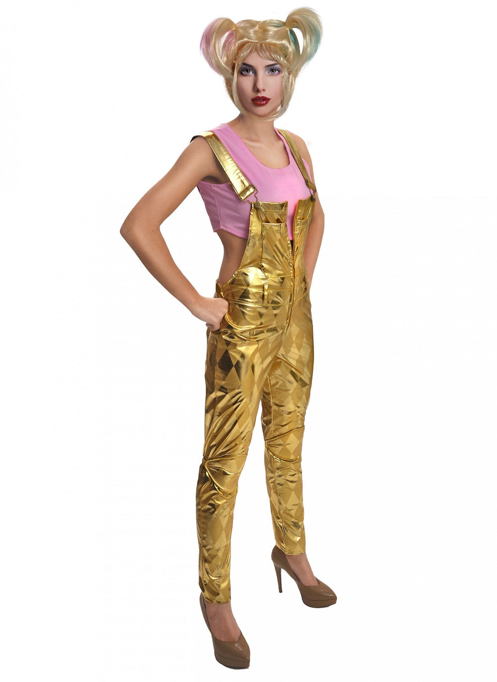 Déguisement avec perruque Harley Quinn Birds of Prey pour femme salopette dorée