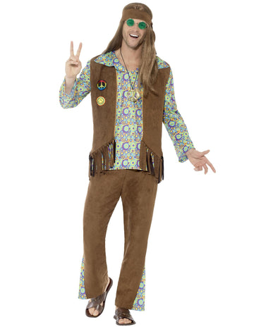 Déguisement hippie années 60 pour homme marron avec gilet à franges et haut psychédélique