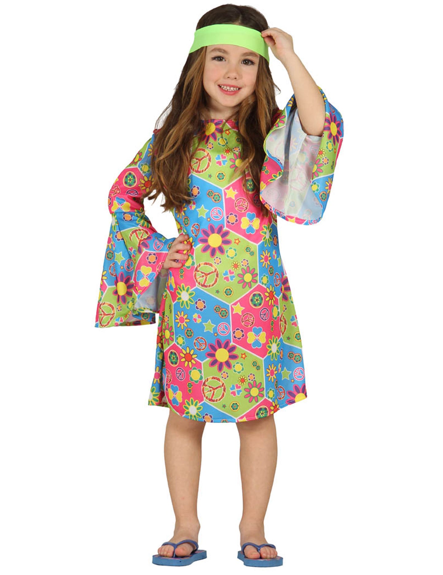 Déguisement hippie avec symboles colorés pour fille multicolore avec bandeau vert