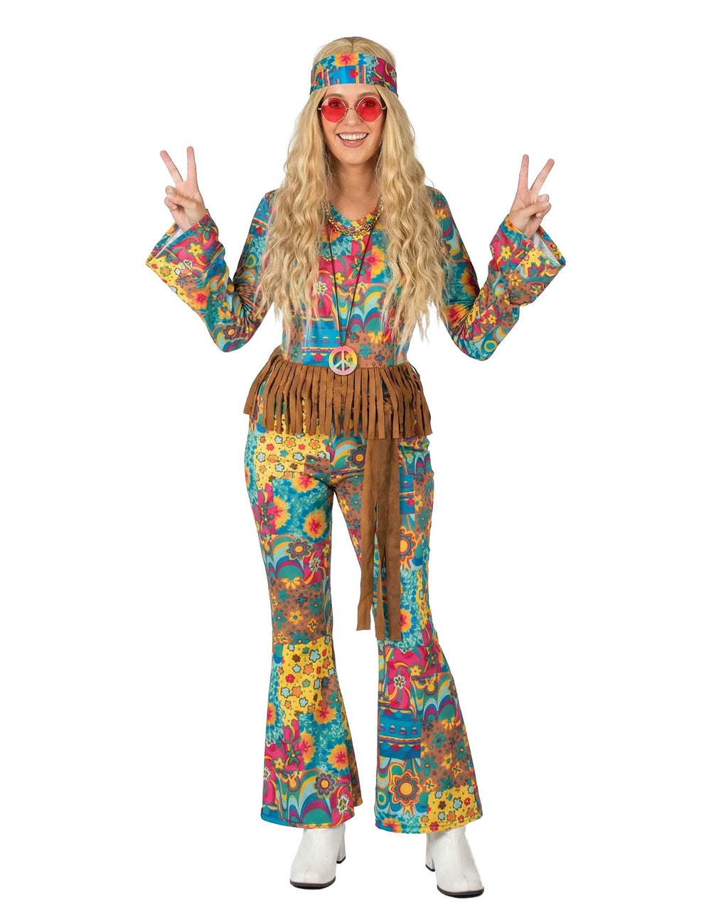 Hippie jelmez v-nyakkivágással nőnek, sokszínű virágmintákkal és barna rojtokkal