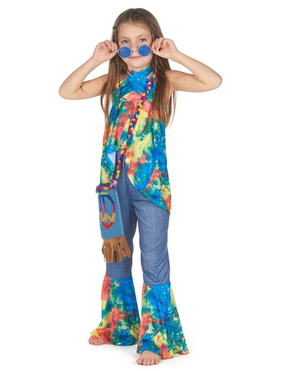 Frontalis nézet kék szemüveggel a lányoknak készült hippie jelmezről