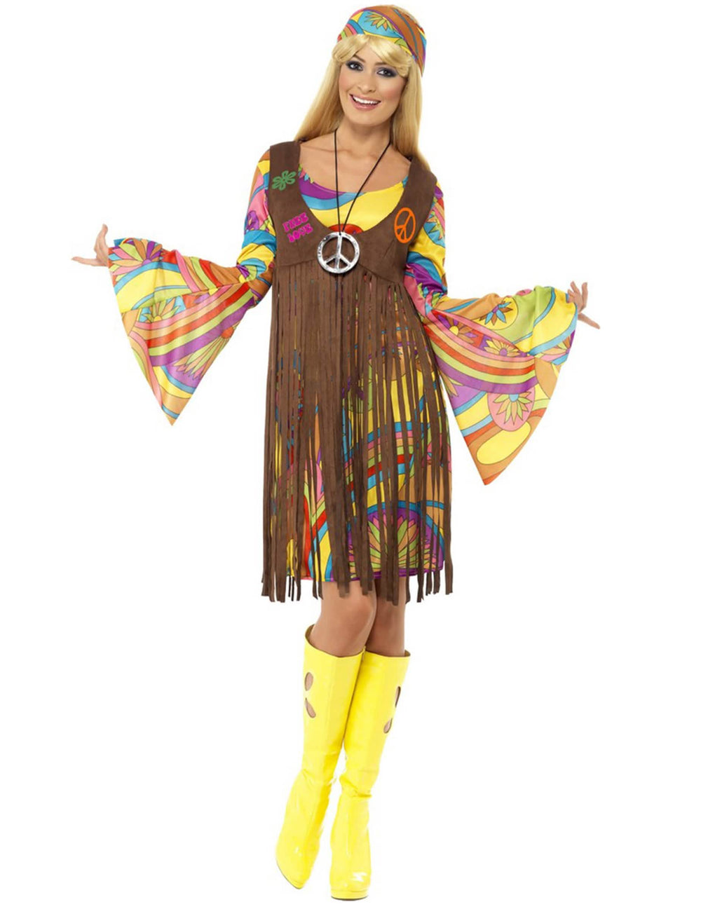 Hippie virágos 70-es évekbeli női sokszínű jelmez barna rojtos mellénnyel és fejpánttal