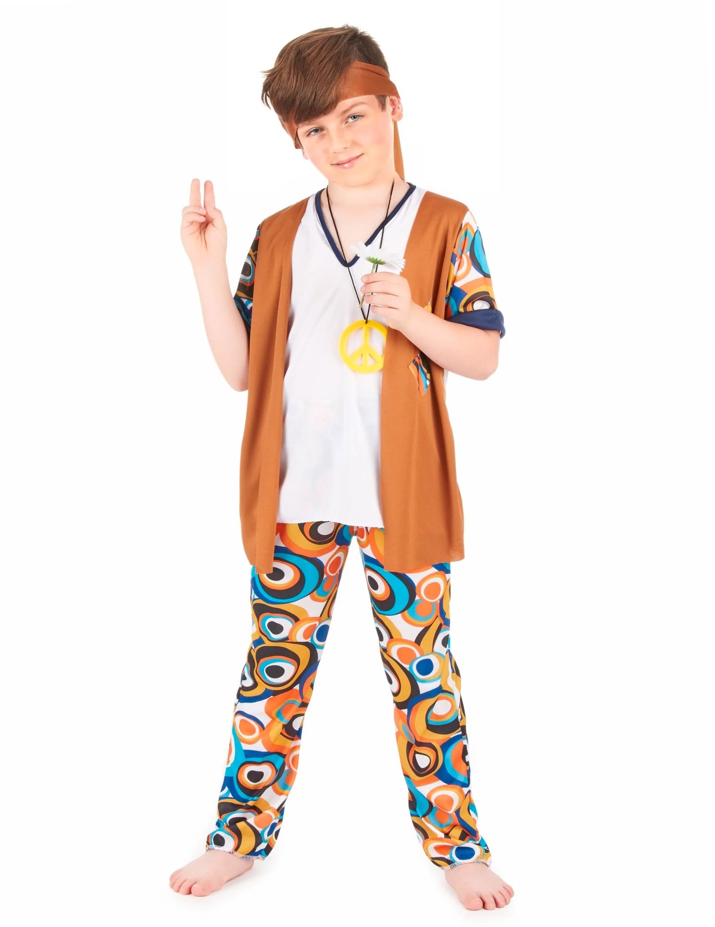 Barna és színes hippie jelmez fiúknak, béke és szeretet nyaklánccal