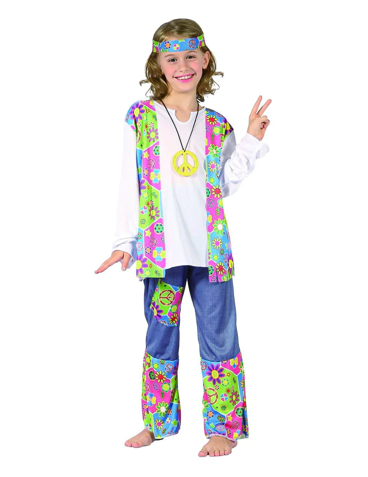 Déguisement hippie gilet à franges pour fille multicolore avec motifs psychédéliques
