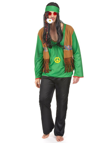 Déguisement hippie pour homme vert et noir avec gilet à franges