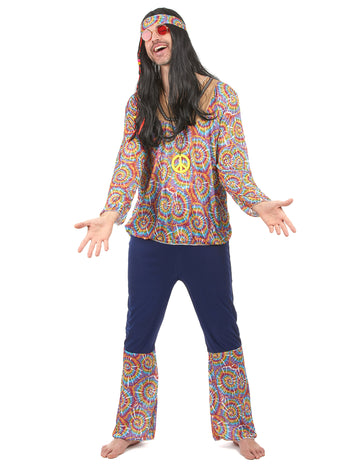 Déguisement hippie motif psychédélique pour homme multicolore avec bandeau et collier