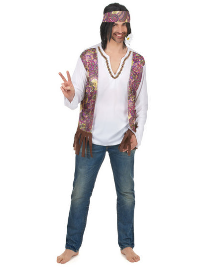 Déguisement hippie à franges pour homme blanc avec gilet à motifs violets et bandeau