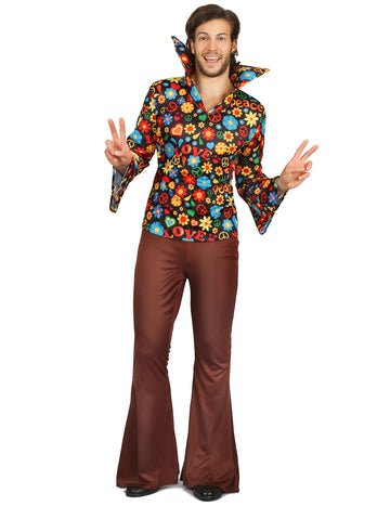 Déguisement hippie pour homme à fleurs multicolores avec pantalon marron