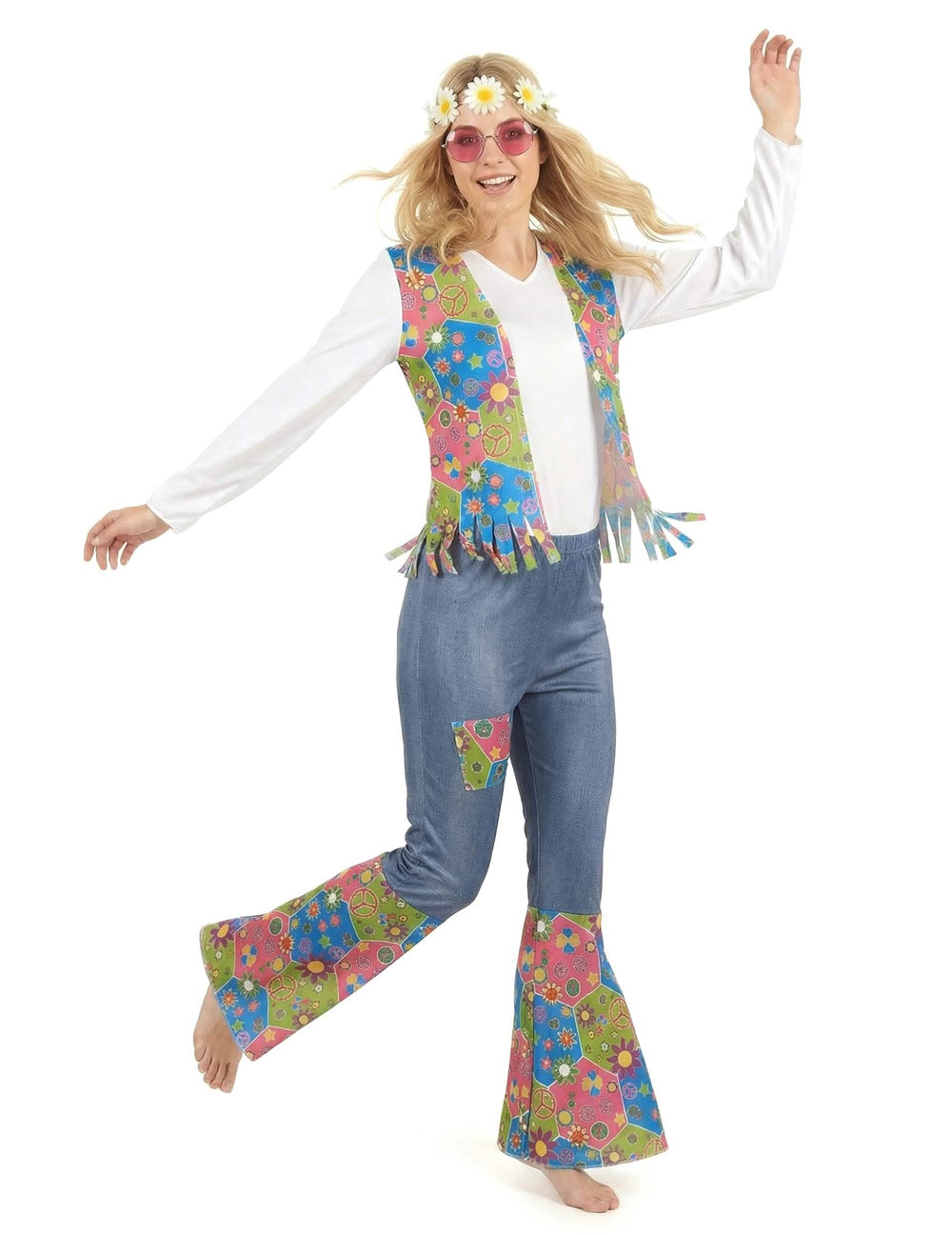 Elölnézeti áttekintés a női hippie peace and love jelmezről