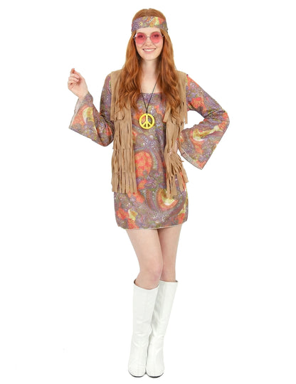 Déguisement hippie pour femme rouge et violet avec gilet à franges