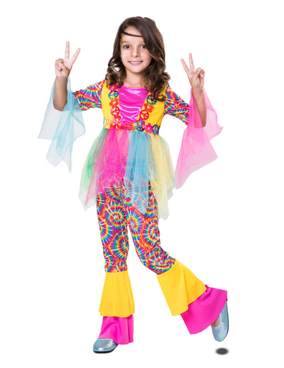 Színes hippis tüll jelmez lányoknak, tie-dye mintákkal és virágokkal