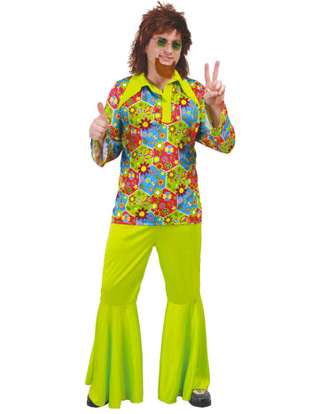 Déguisement de hippie pour homme vert avec symboles colorés
