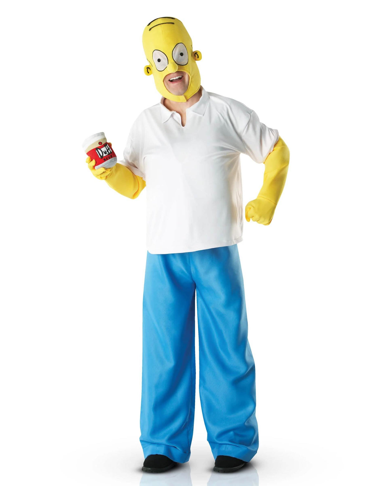 Homer Simpson felnőtt jelmez fehér, kék és sárga színben, sörösdobozzal