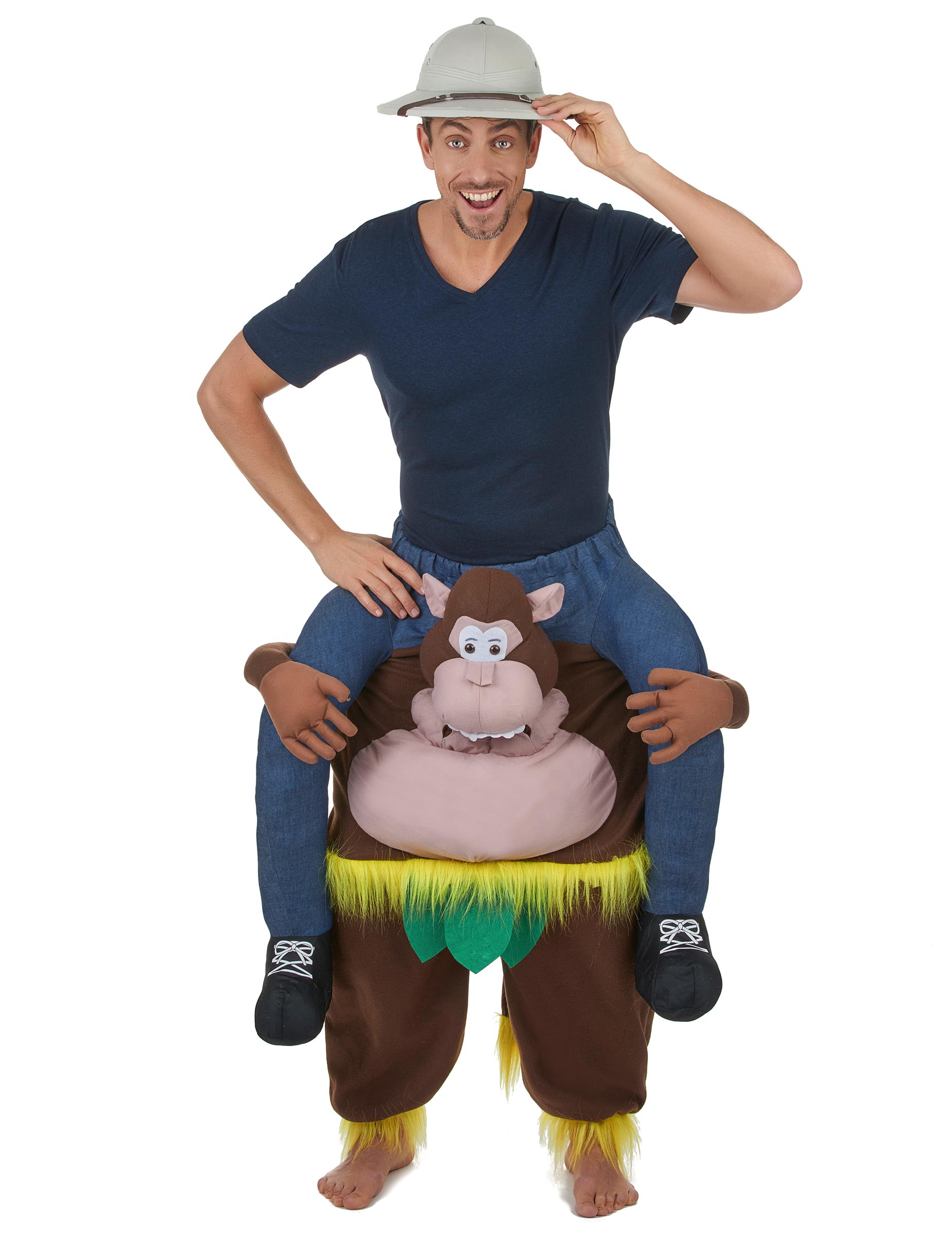 Vue d'ensemble avec casque colonial du déguisement à dos de singe